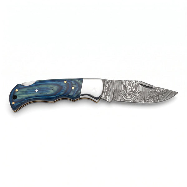 Creek 6.5" Damascus Pocket Knife | Blue Pakkawood, side profile on white