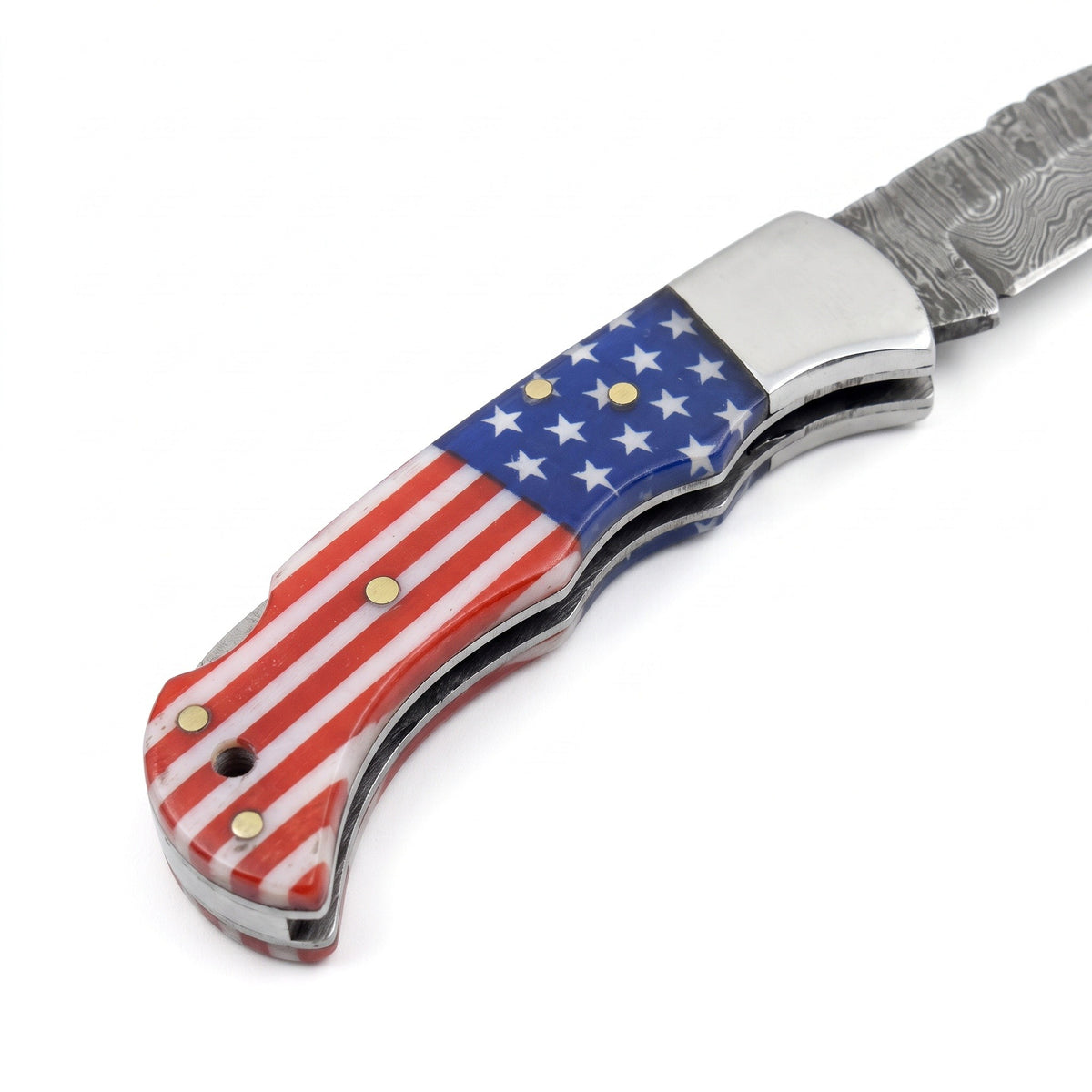 Creek 6.5" Damascus Pocket Knife | Flag Resin, handle and fittings close-up