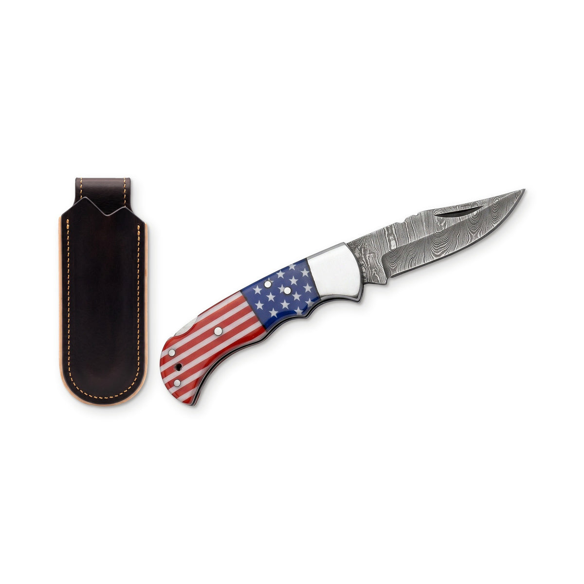 Creek 6.5" Damascus Pocket Knife | Flag Resin, three-quarter view with the Crownridge belt slip
