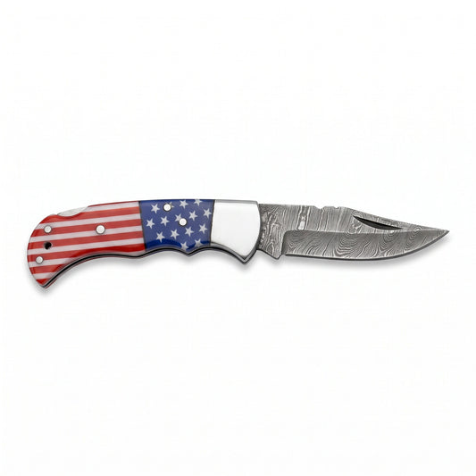 Creek 6.5" Damascus Pocket Knife | Flag Resin, side profile on white