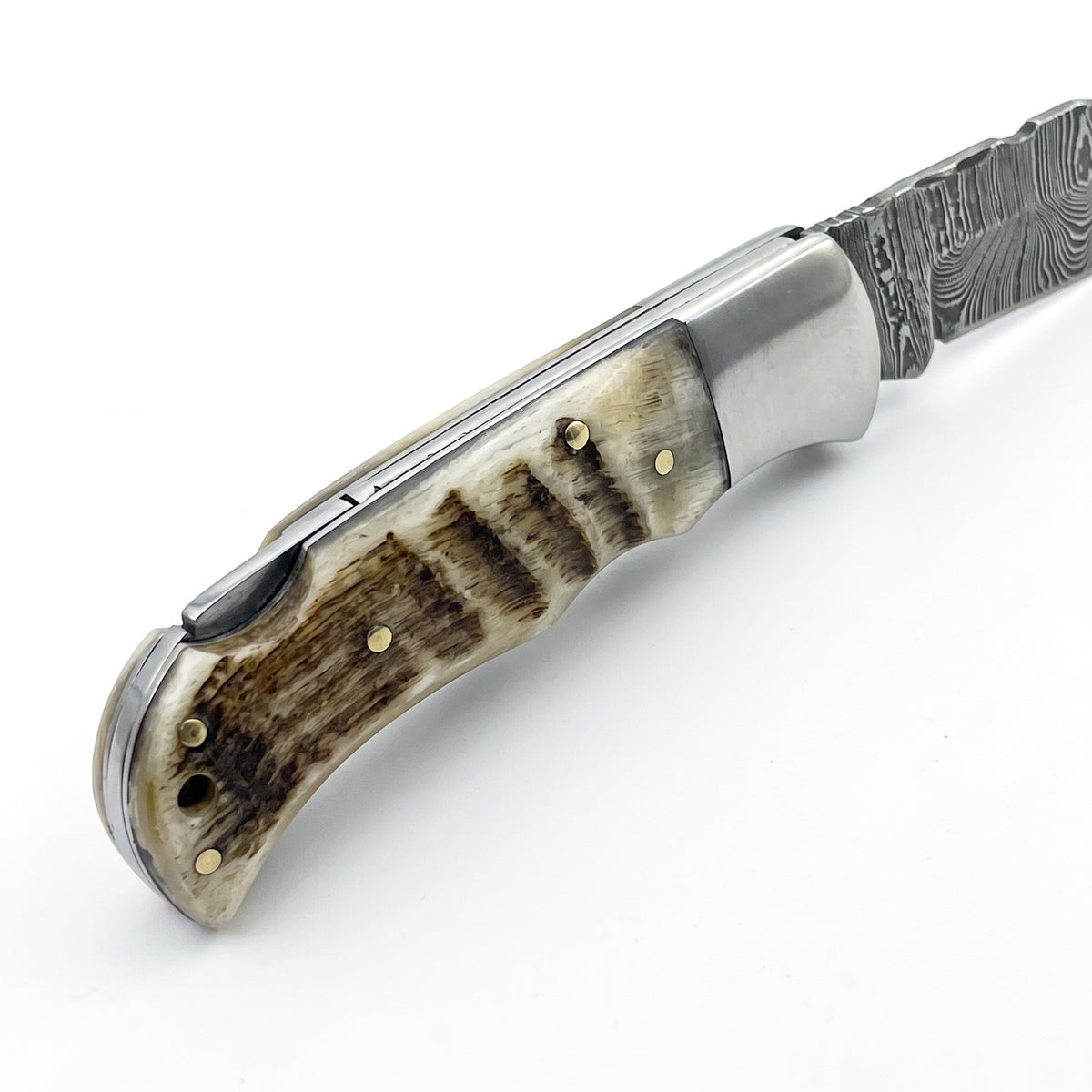 Creek 6.5" Damascus Pocket Knife | Ram Horn, handle and fittings close-up