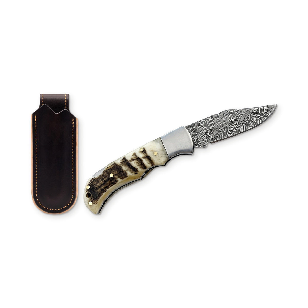 Creek 6.5" Damascus Pocket Knife | Ram Horn, three-quarter view with the Crownridge belt slip
