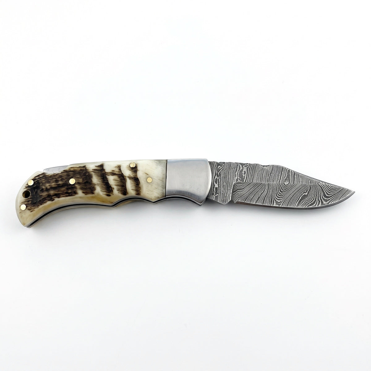 Creek 6.5" Damascus Pocket Knife | Ram Horn, side profile on white