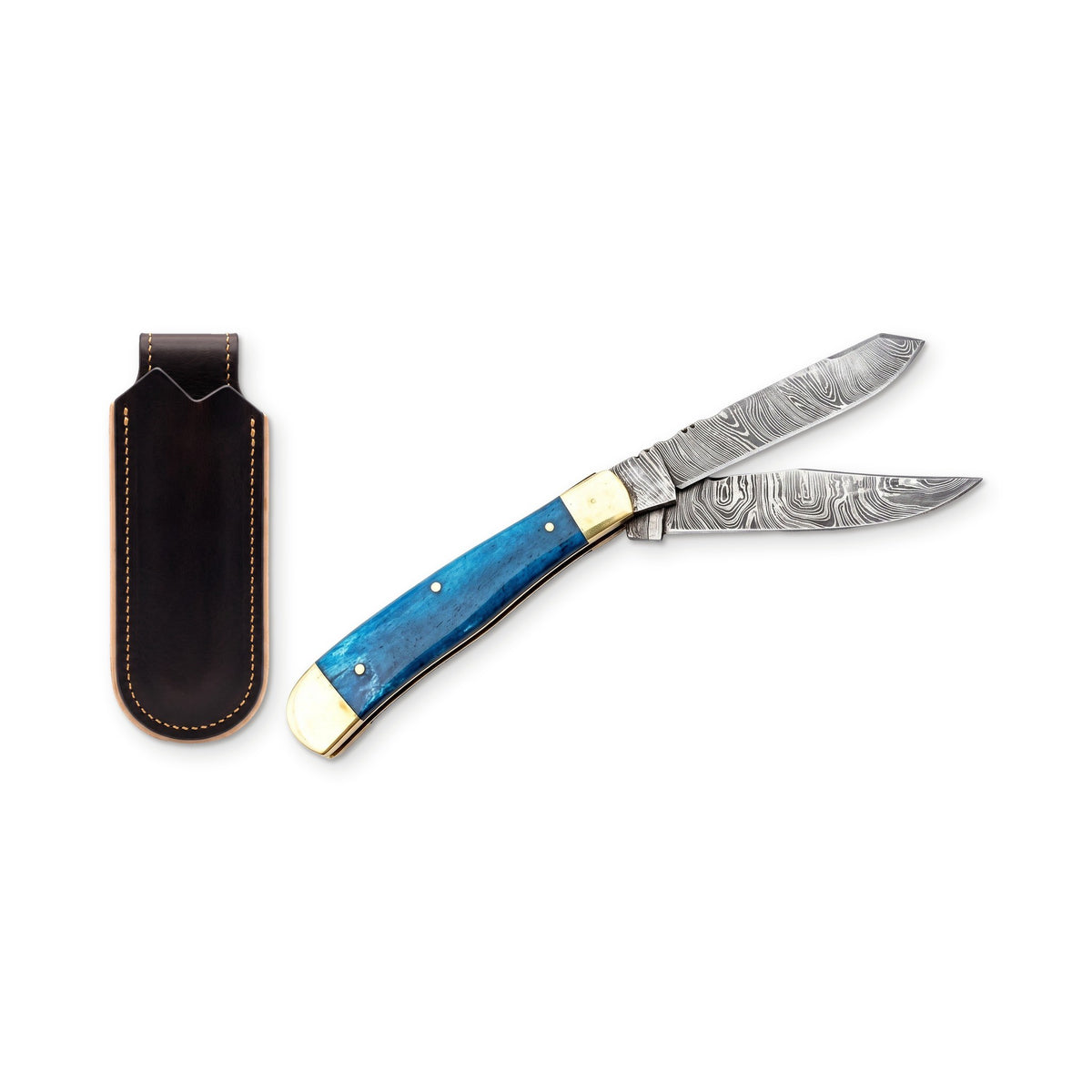 Creek 6.5" Damascus Trapper Knife | Blue Bone, three-quarter view with the Crownridge belt slip