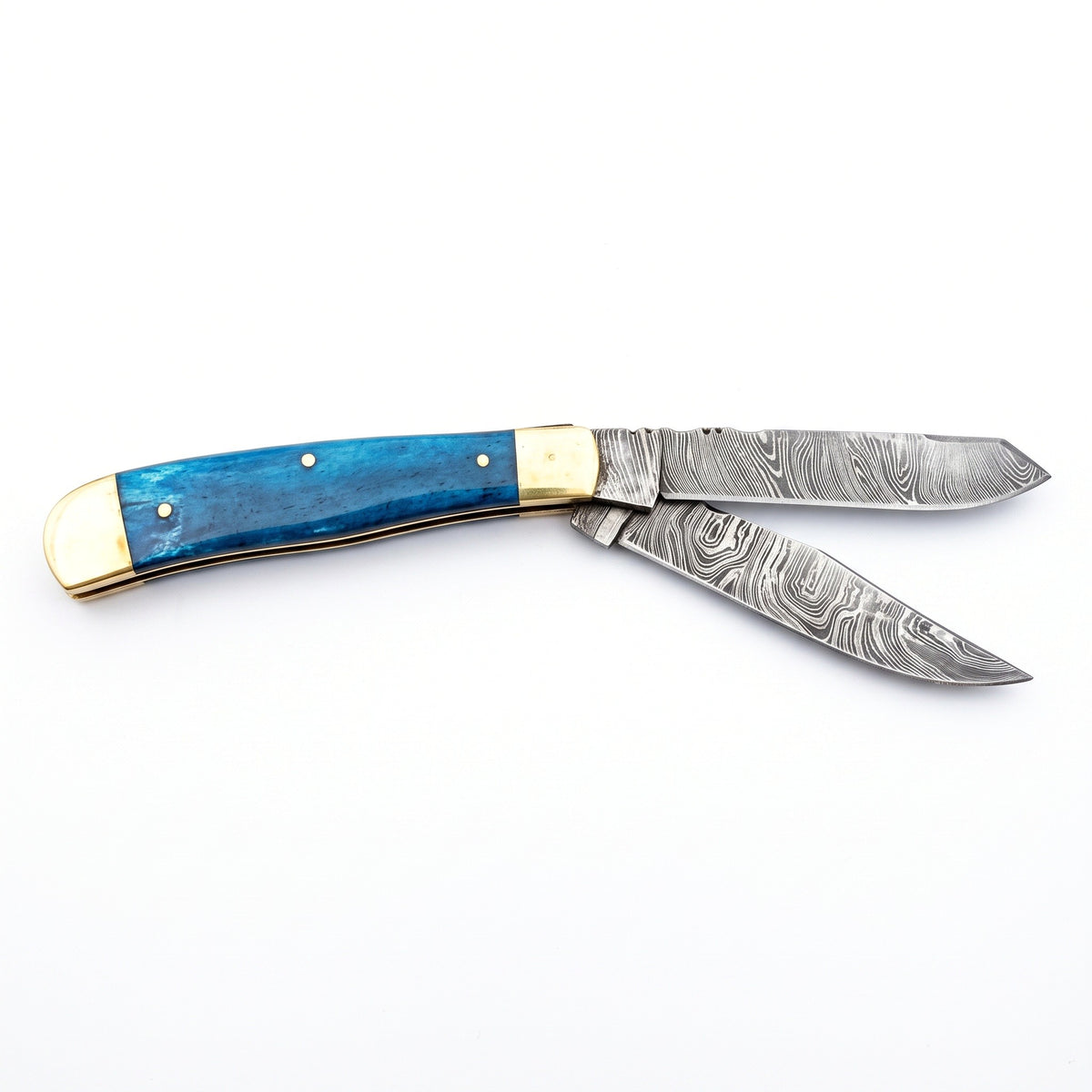 Creek 6.5" Damascus Trapper Knife | Blue Bone, side profile on white