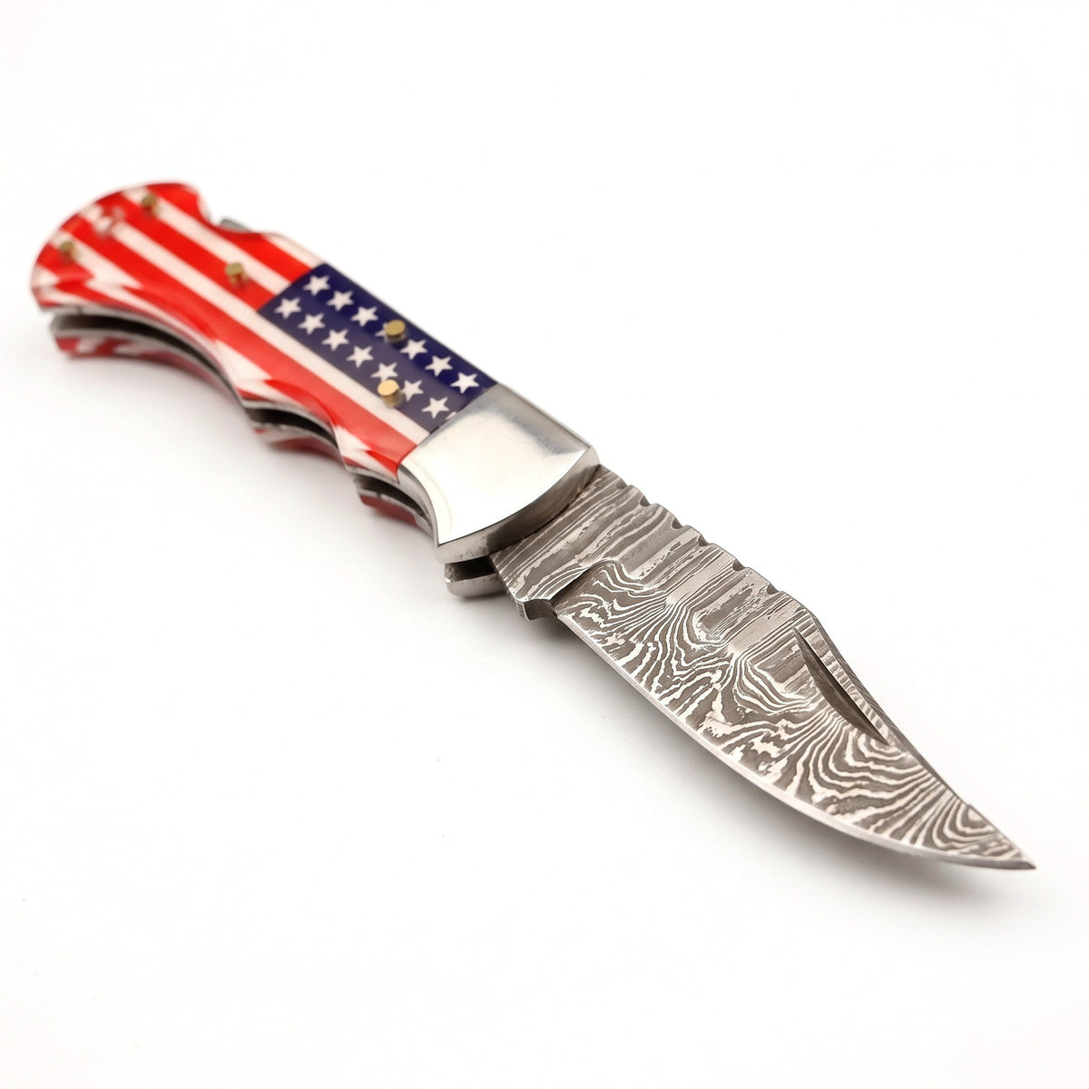 Creek 6.8" Damascus Pocket Knife | Flag Resin, Damascus blade close-up