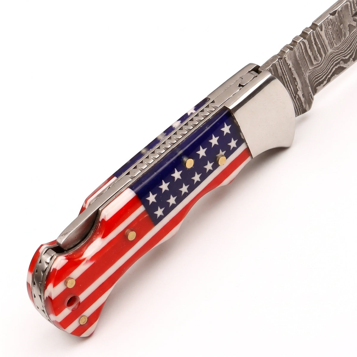 Creek 6.8" Damascus Pocket Knife | Flag Resin, handle and fittings close-up