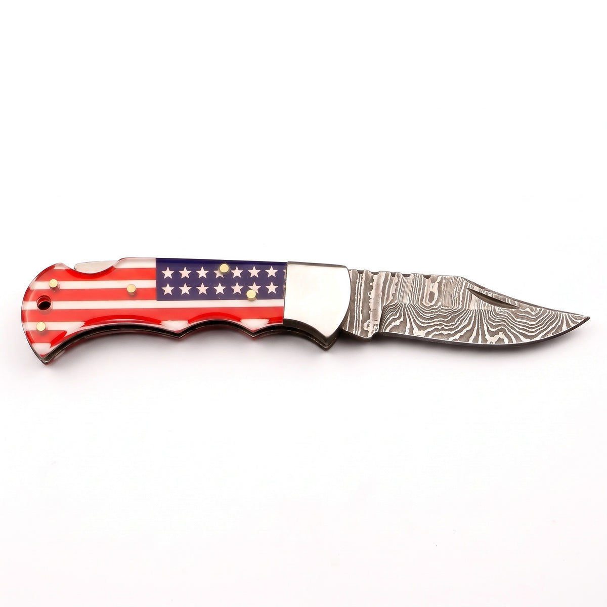 Creek 6.8" Damascus Pocket Knife | Flag Resin, side profile on white