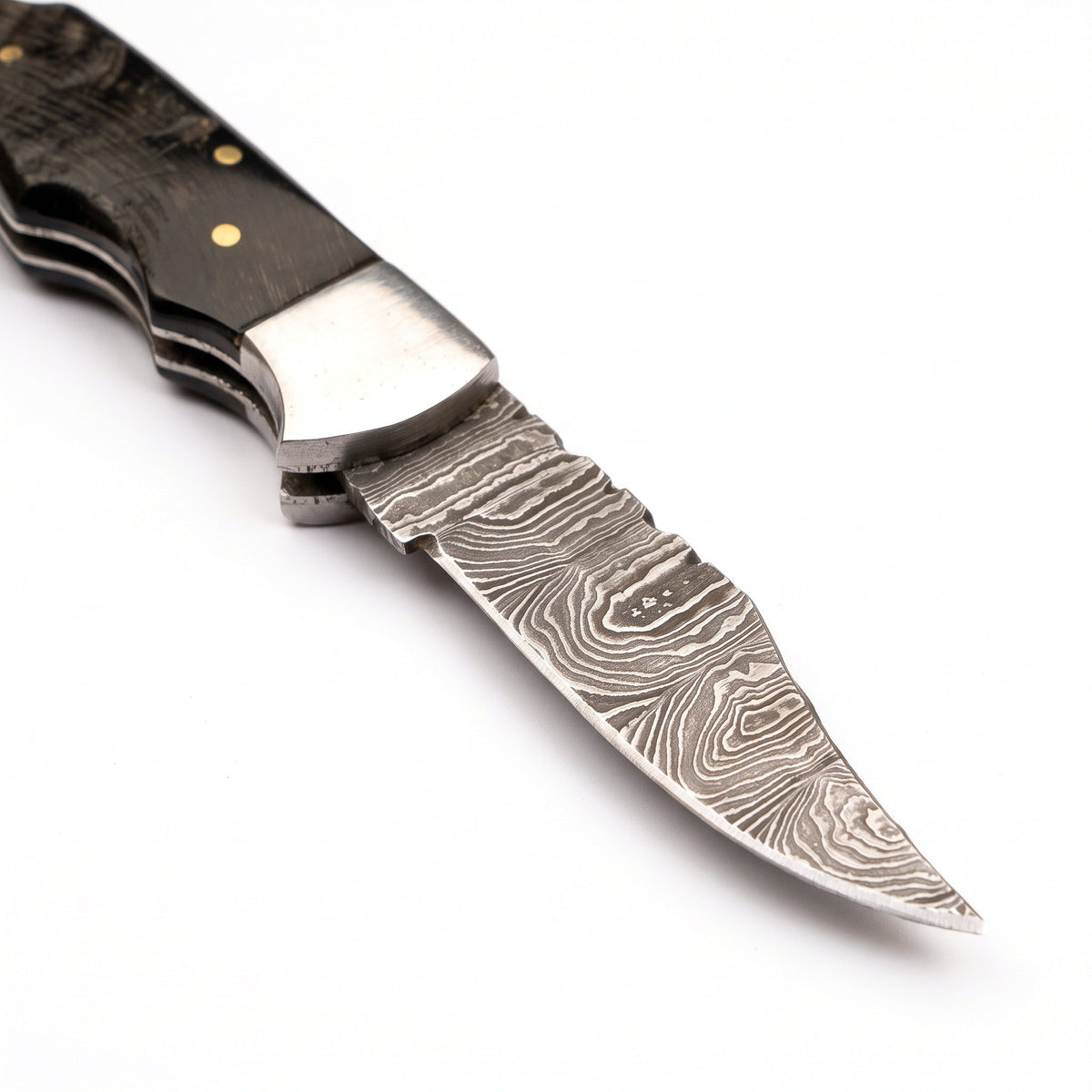Creek 6.8" Damascus Pocket Knife | Ram Horn, Damascus blade close-up