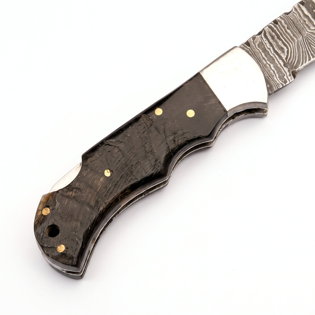 Creek 6.8" Damascus Pocket Knife | Ram Horn, handle and fittings close-up
