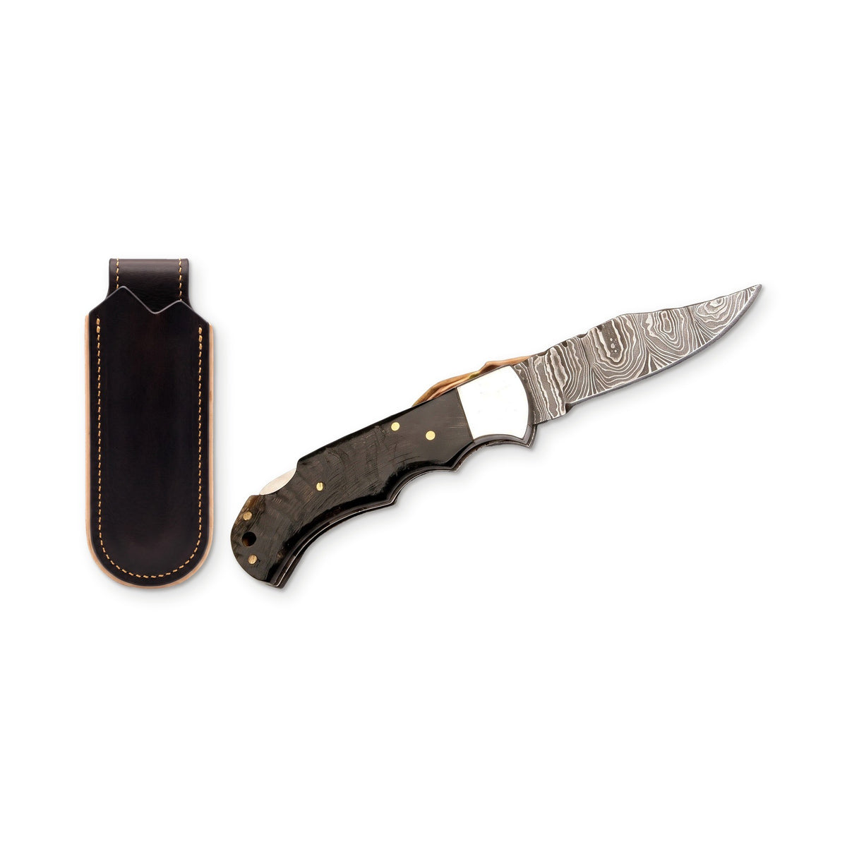 Creek 6.8" Damascus Pocket Knife | Ram Horn, three-quarter view with the Crownridge belt slip