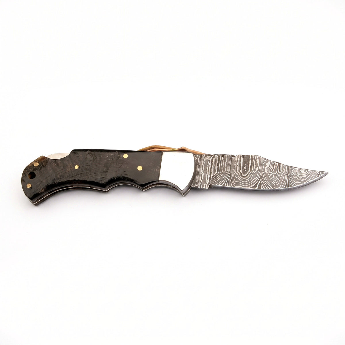 Creek 6.8" Damascus Pocket Knife | Ram Horn, side profile on white