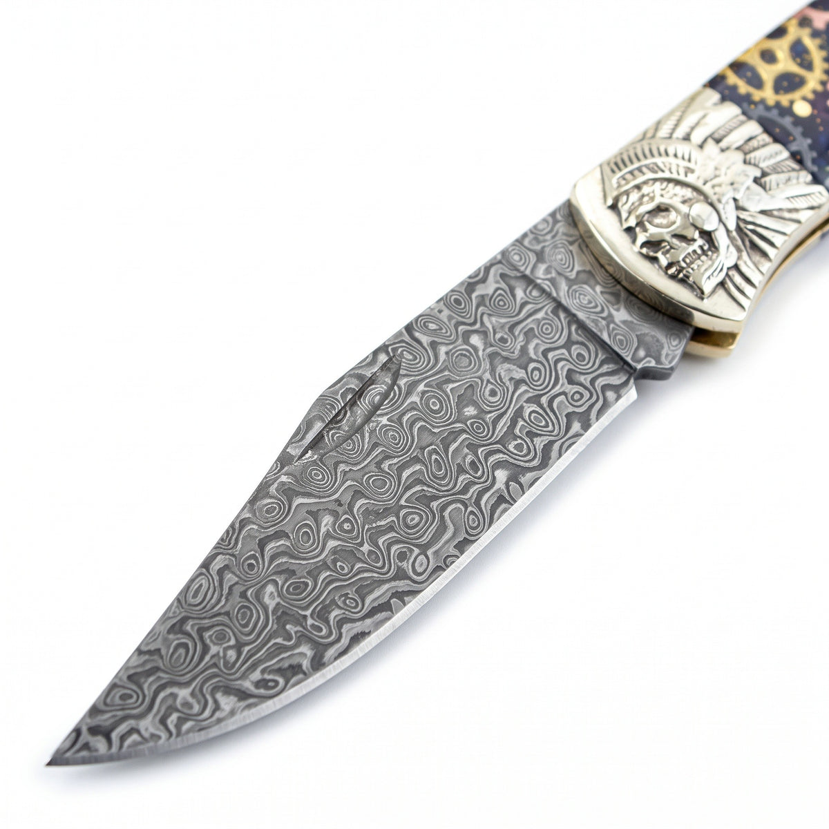 Creek 6.8" Damascus Pocket Knife | Resin, Damascus blade close-up