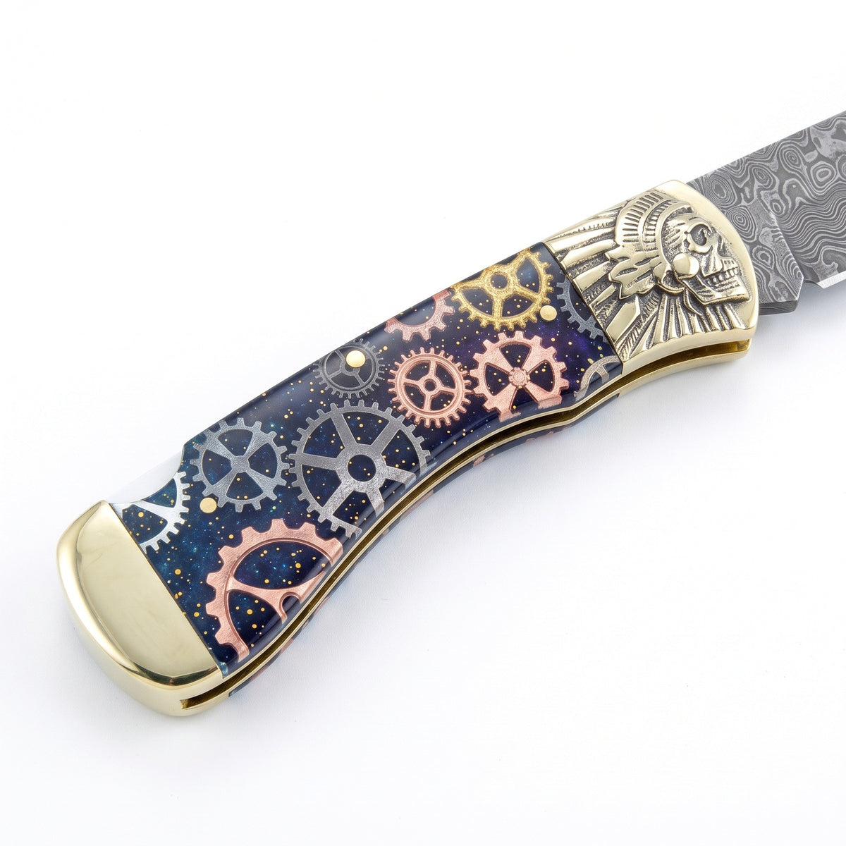 Creek 6.8" Damascus Pocket Knife | Resin, handle and fittings close-up