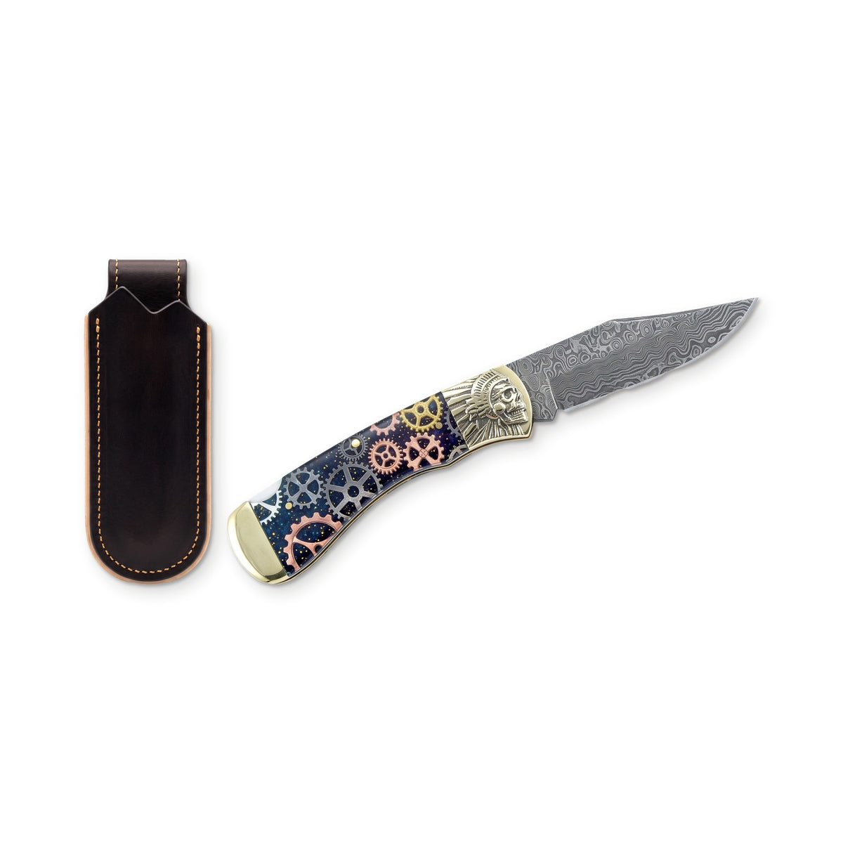 Creek 6.8" Damascus Pocket Knife | Resin, three-quarter view with the Crownridge belt slip