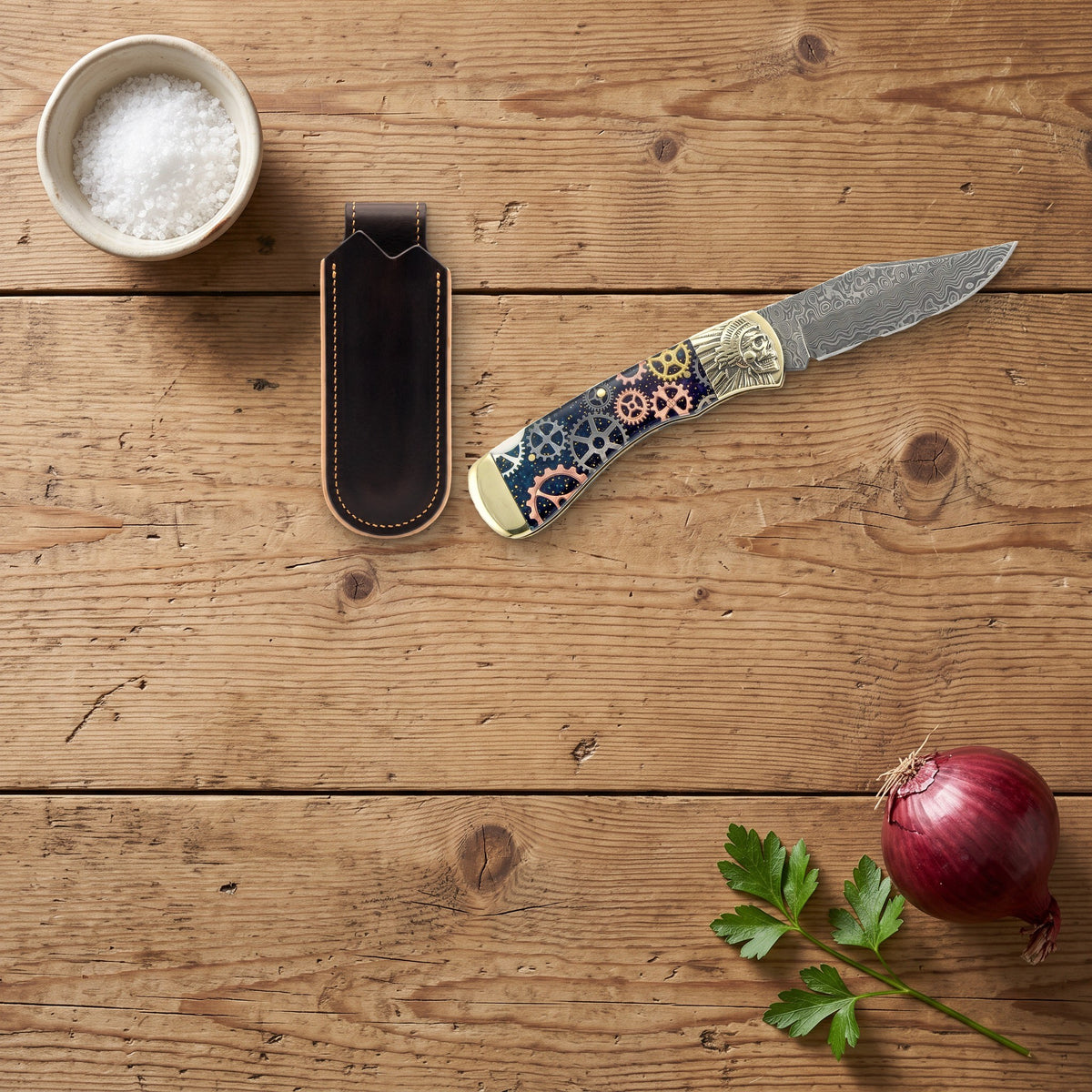 Creek 6.8" Damascus Pocket Knife | Resin, with the Crownridge belt slip in use