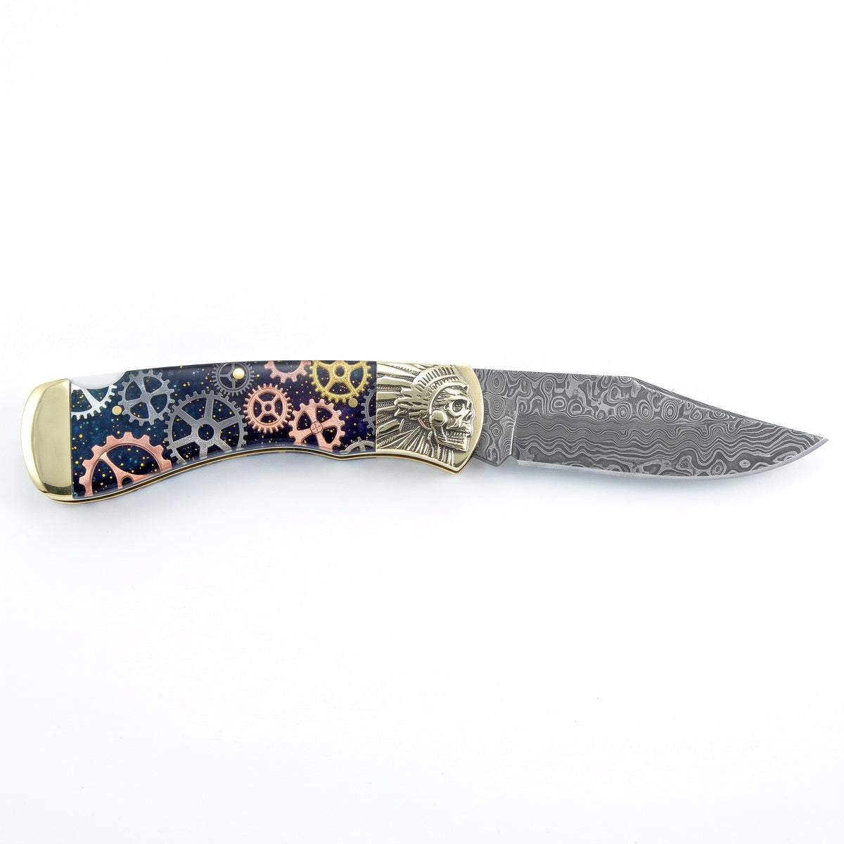 Creek 6.8" Damascus Pocket Knife | Resin, side profile on white