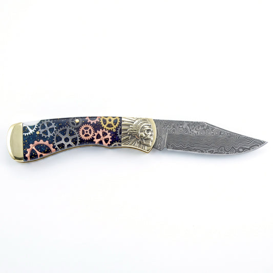 Creek 6.8" Damascus Pocket Knife | Resin, side profile on white