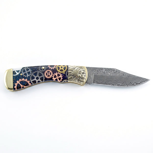 Creek 6.8" Damascus Pocket Knife | Resin, side profile on white