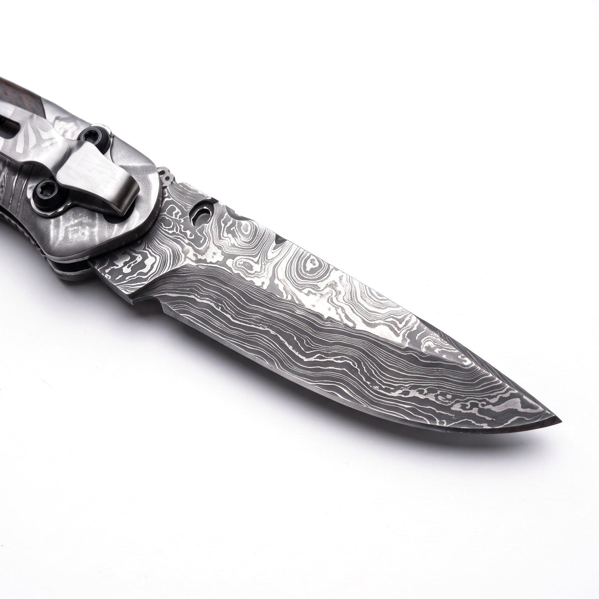 Creek 6" Damascus Pocket Knife | Hardwood, Damascus blade close-up