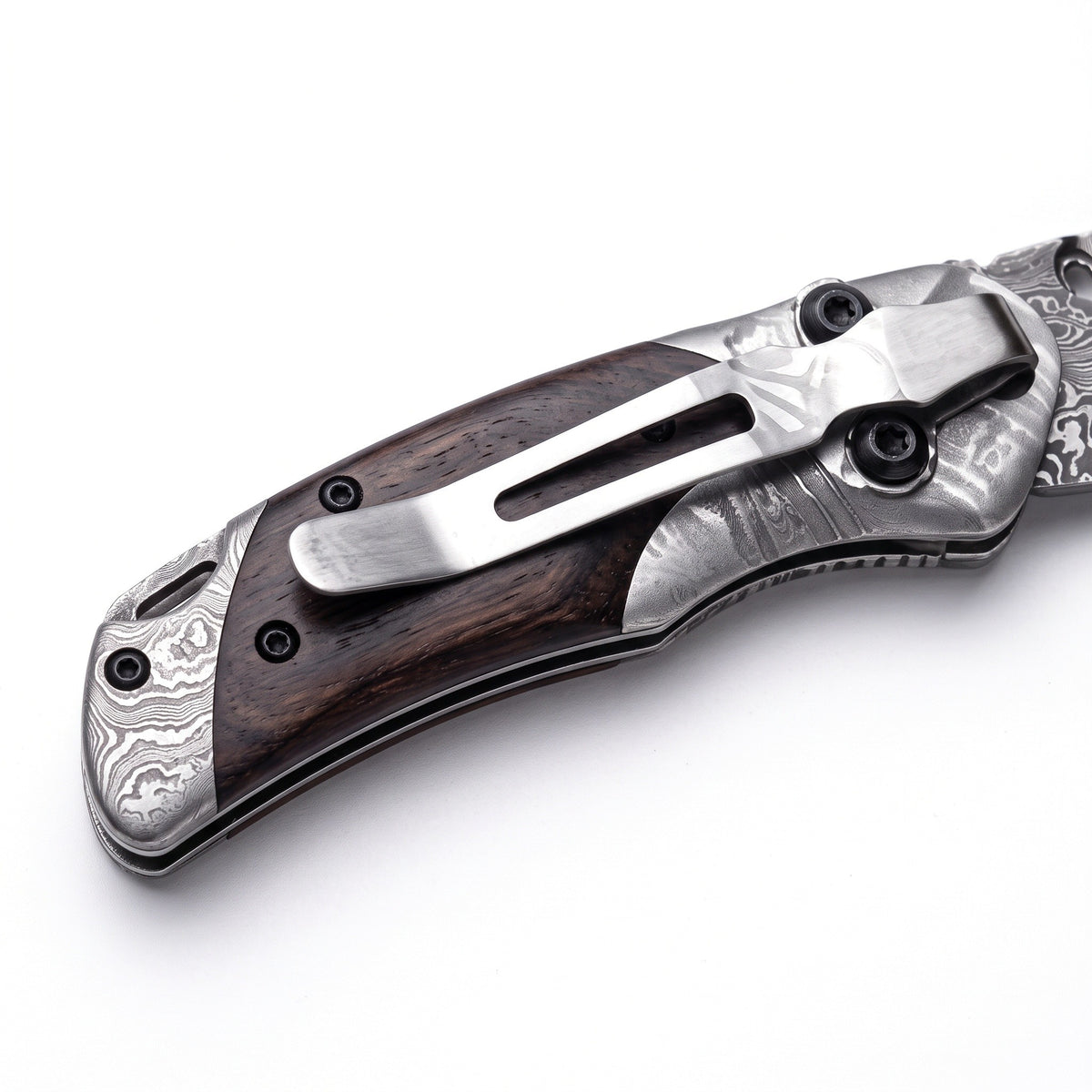 Creek 6" Damascus Pocket Knife | Hardwood, handle and fittings close-up
