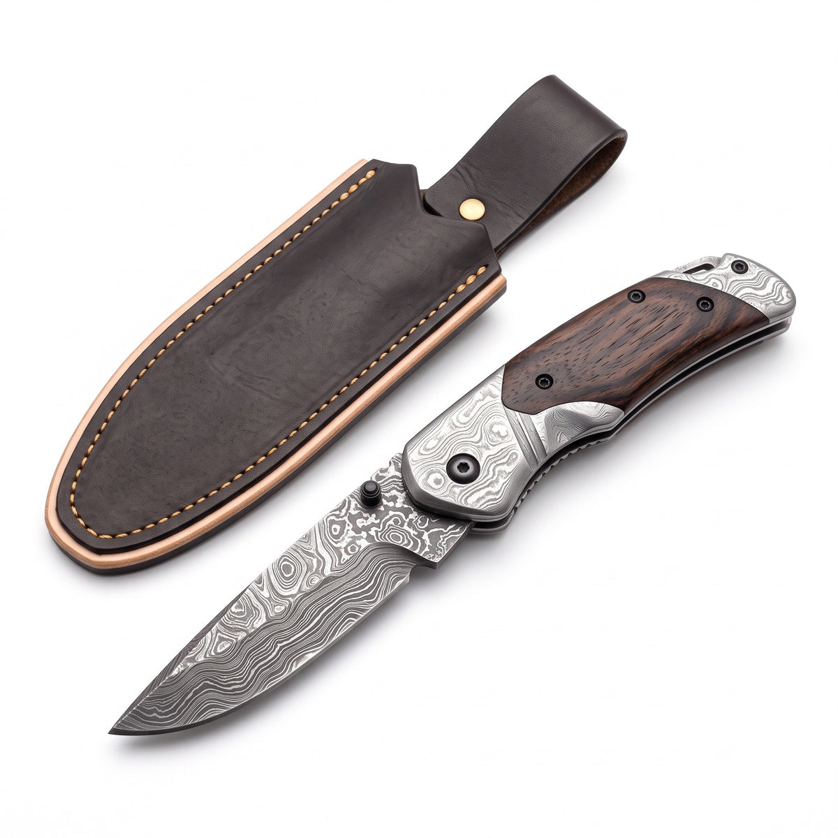 Creek 6" Damascus Pocket Knife | Hardwood, three-quarter view with the Crownridge belt slip