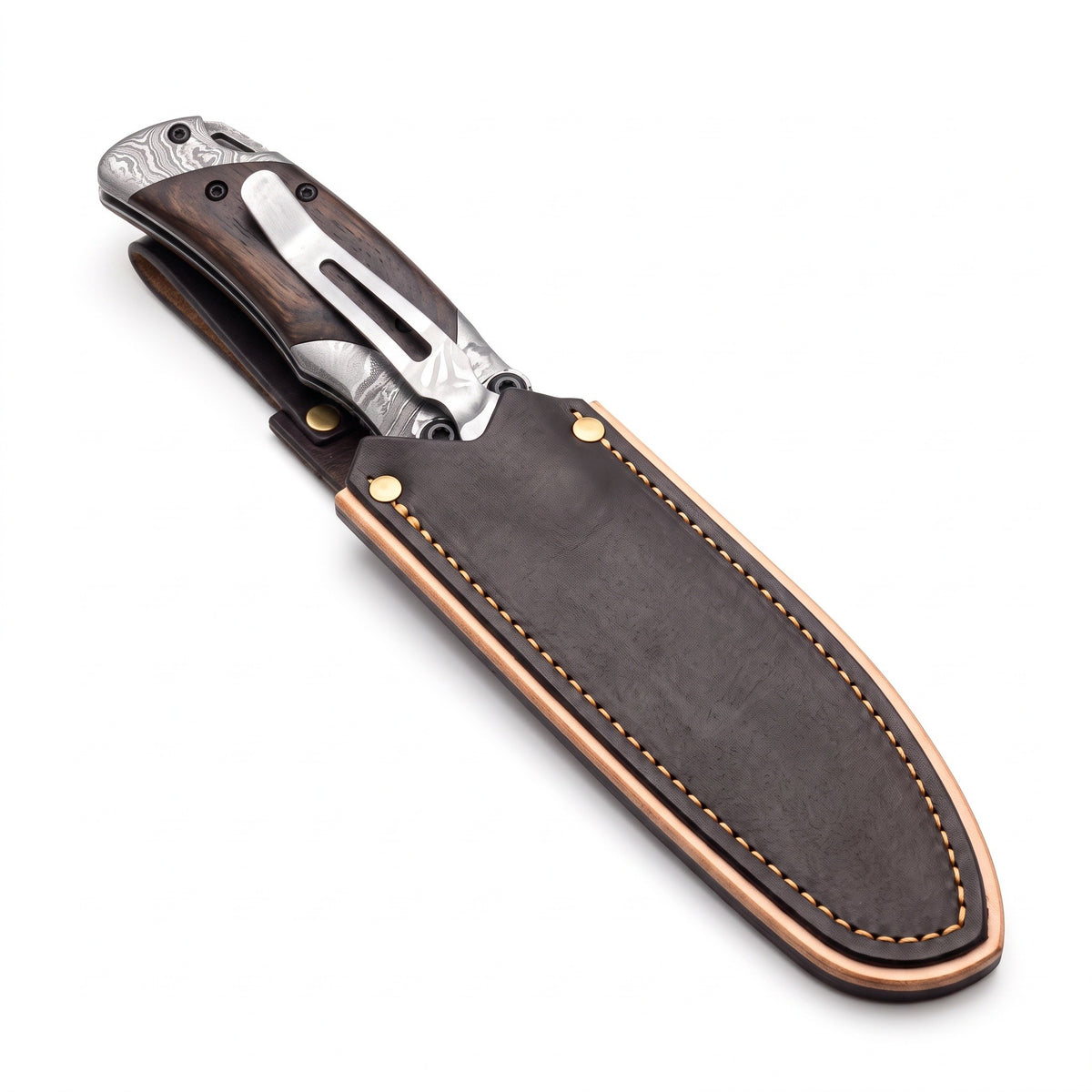 Creek 6" Damascus Pocket Knife | Hardwood, seated in the Crownridge belt slip