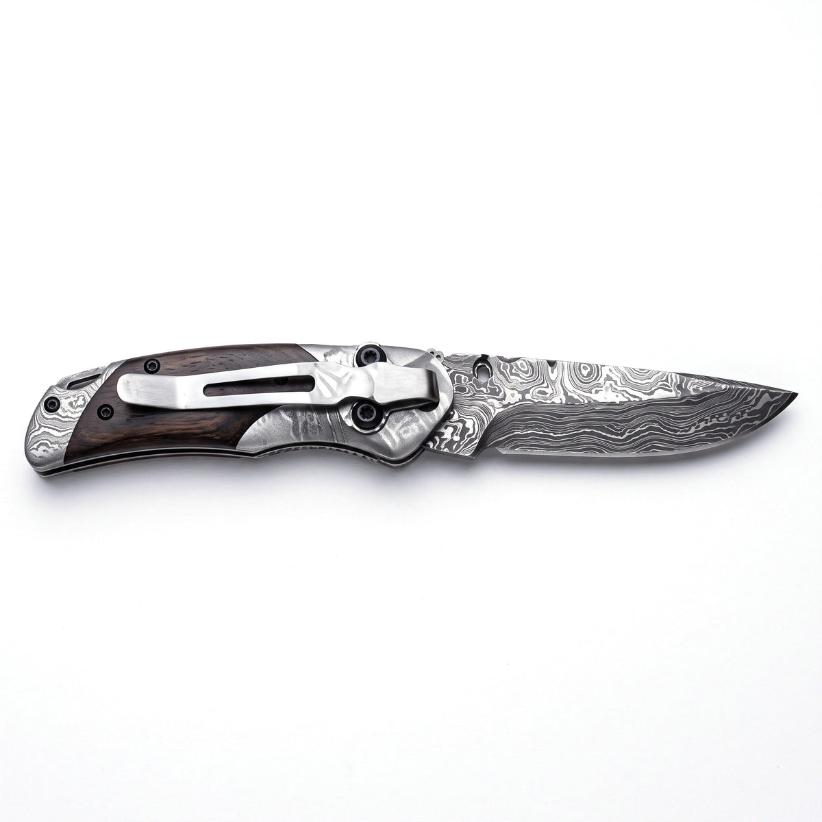 Creek 6" Damascus Pocket Knife | Hardwood, side profile on white