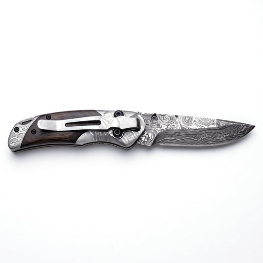 Creek 6" Damascus Pocket Knife | Hardwood, side profile on white