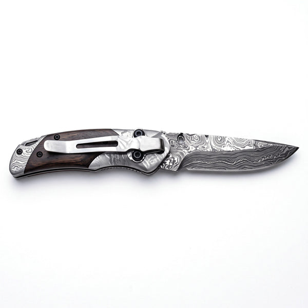 Creek 6" Damascus Pocket Knife | Hardwood, side profile on white