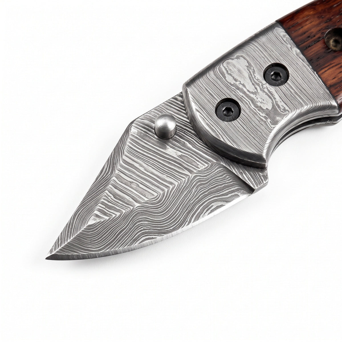 Creek 6" Damascus Pocket Knife | Rosewood, Damascus blade close-up