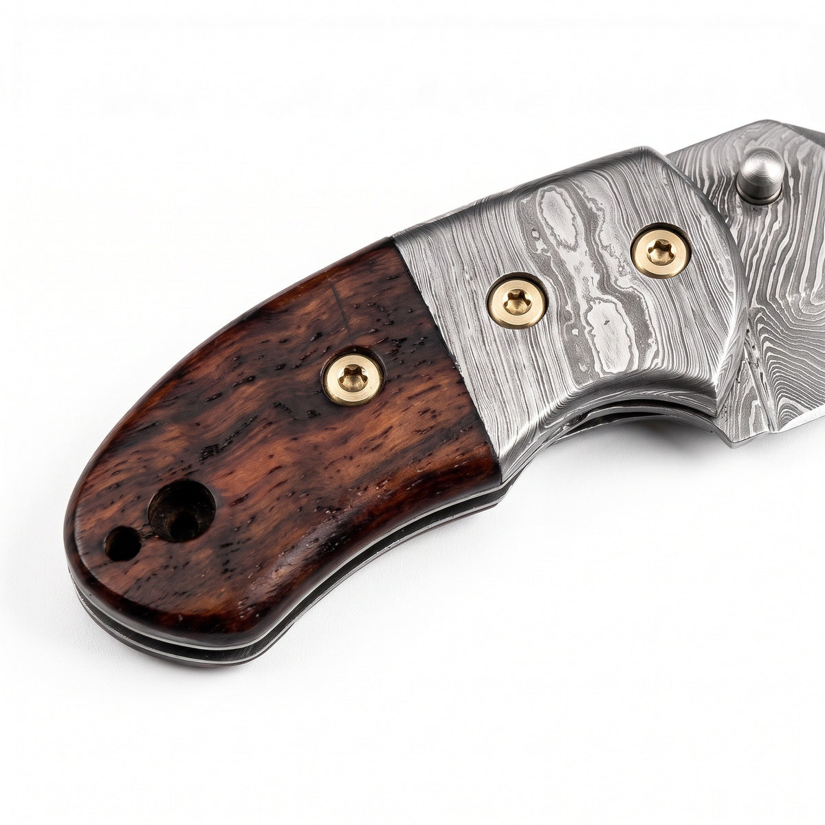 Creek 6" Damascus Pocket Knife | Rosewood, handle and fittings close-up