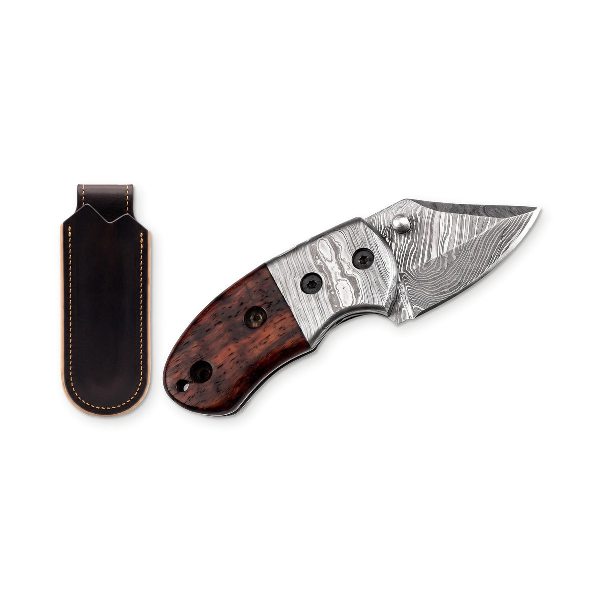 Creek 6" Damascus Pocket Knife | Rosewood, three-quarter view with the Crownridge belt slip