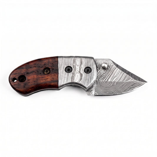 Creek 6" Damascus Pocket Knife | Rosewood, side profile on white