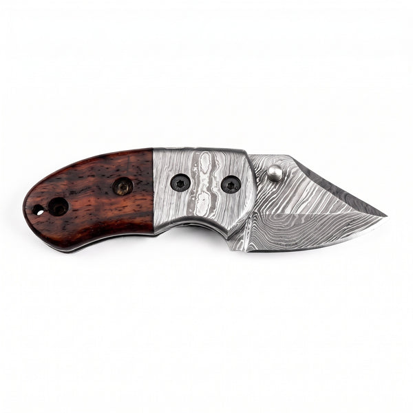 Creek 6" Damascus Pocket Knife | Rosewood, side profile on white