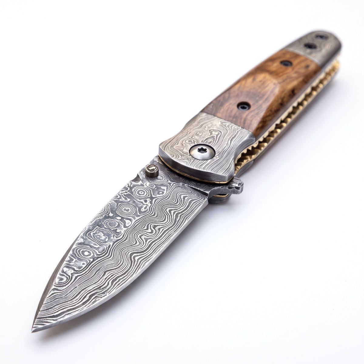 Creek 7.2" Damascus Pocket Knife | Amber Burl, Damascus blade close-up