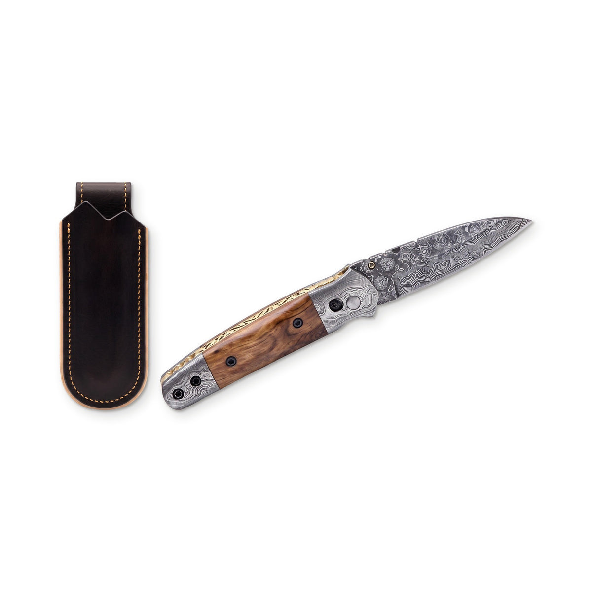 Creek 7.2" Damascus Pocket Knife | Amber Burl, three-quarter view with the Crownridge belt slip