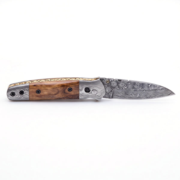 Creek 7.2" Damascus Pocket Knife | Amber Burl, side profile on white