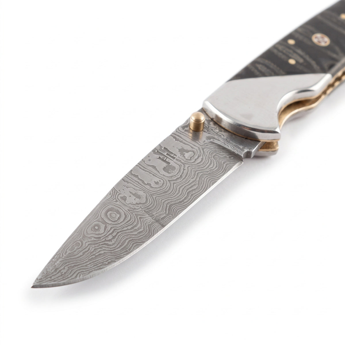 Creek 7.2" Damascus Pocket Knife | Micarta, Damascus blade close-up