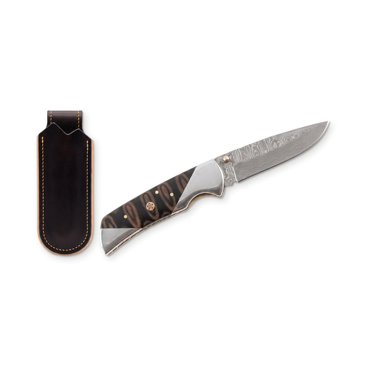 Creek 7.2" Damascus Pocket Knife | Micarta, three-quarter view with the Crownridge belt slip