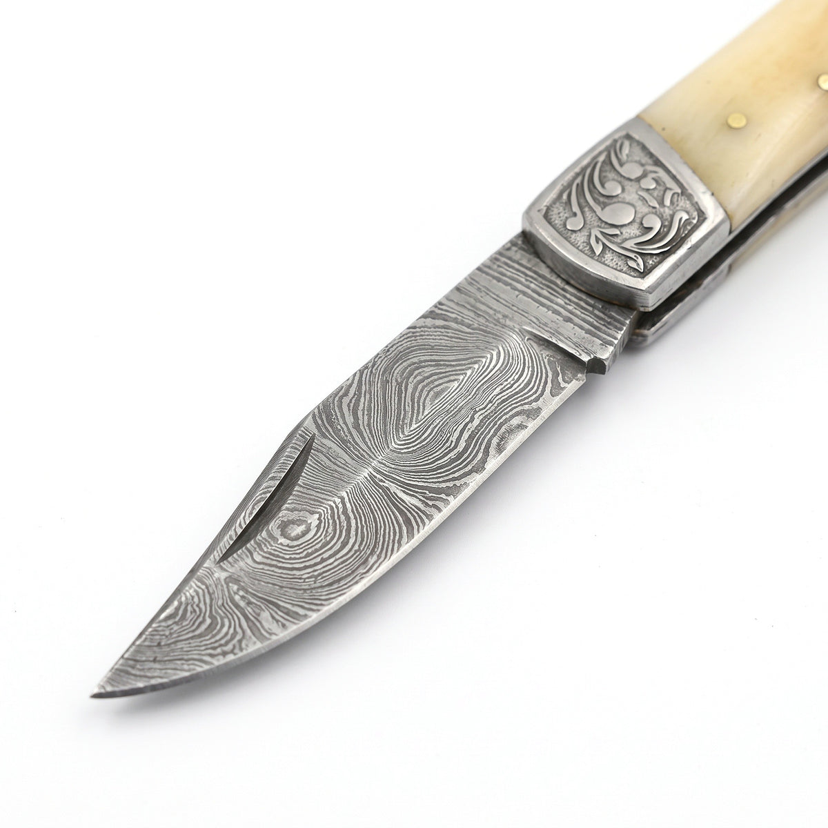 Creek 7.5" Damascus Pocket Knife | Bone, Damascus blade close-up