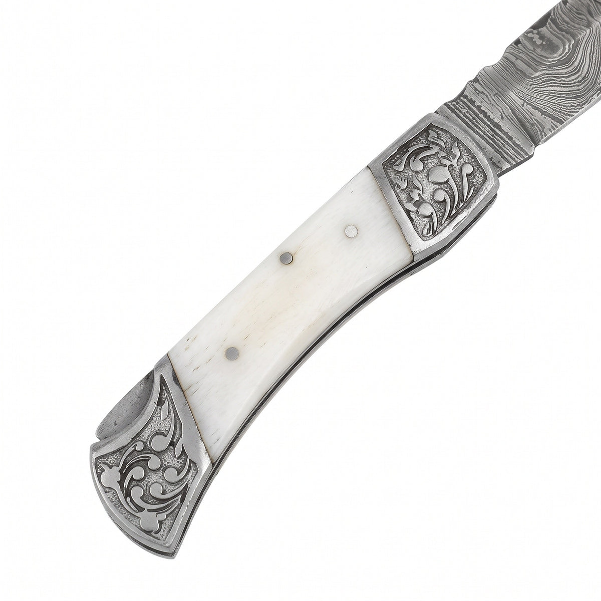Creek 7.5" Damascus Pocket Knife | Bone, handle and fittings close-up