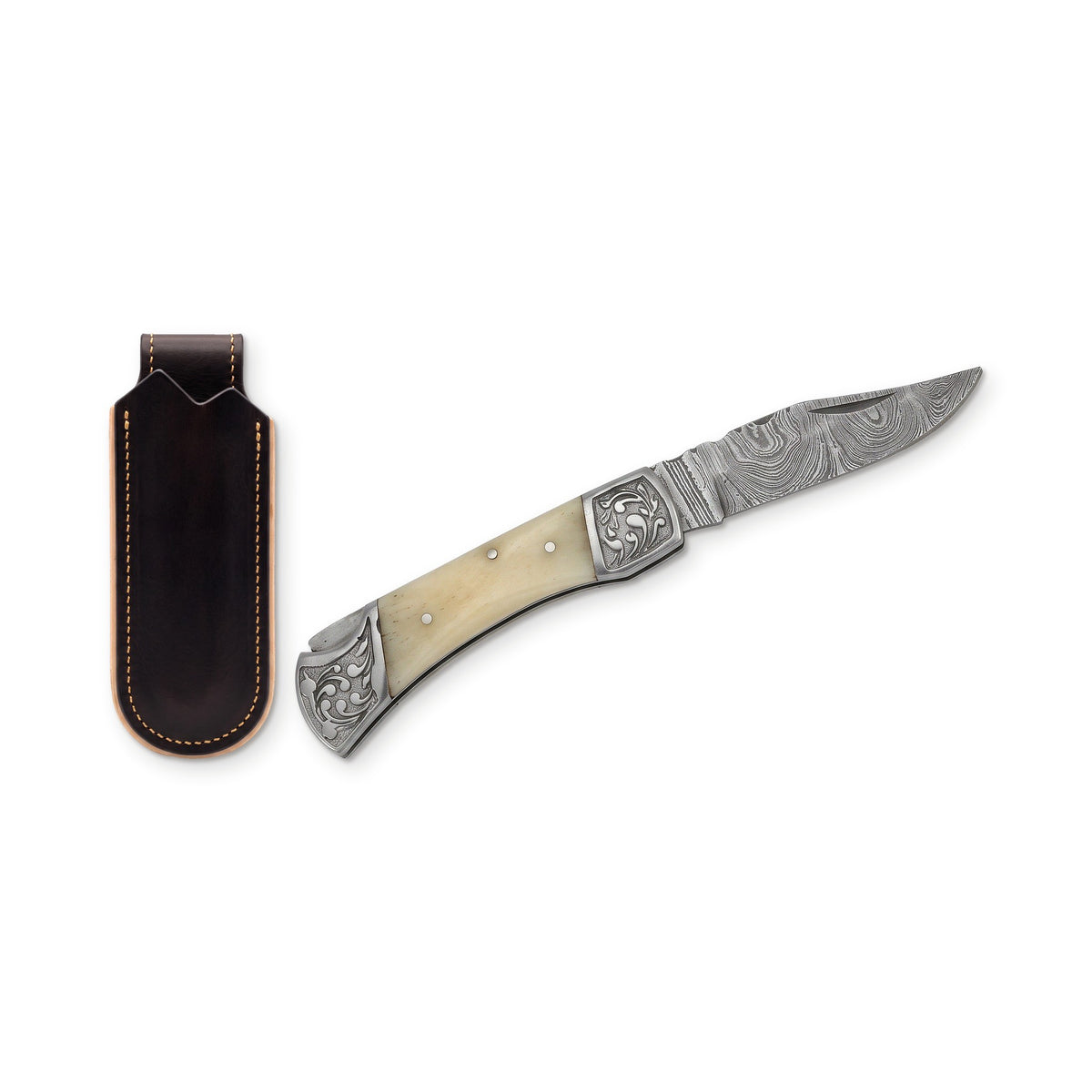 Creek 7.5" Damascus Pocket Knife | Bone, three-quarter view with the Crownridge belt slip