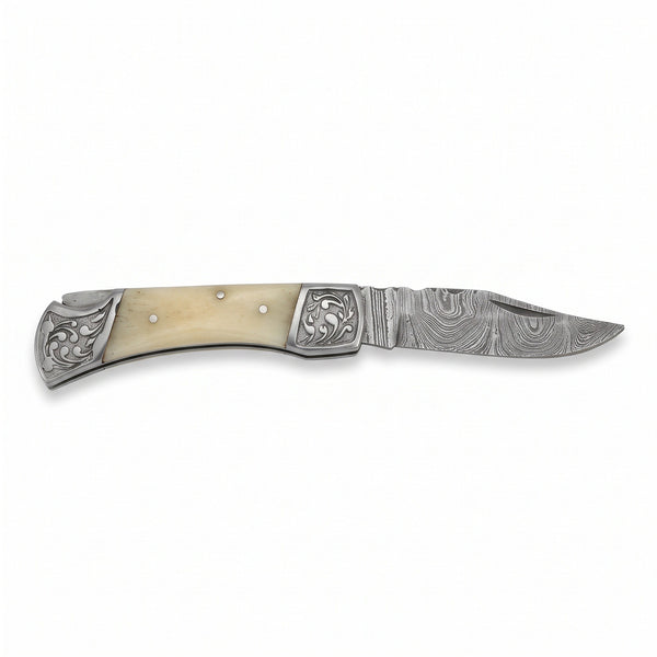 Creek 7.5" Damascus Pocket Knife | Bone, side profile on white