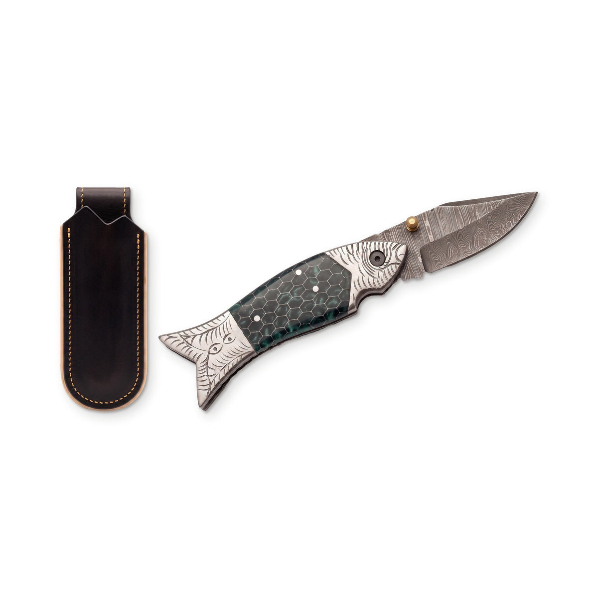Creek 7.5" Damascus Pocket Knife | Green Resin, three-quarter view with the Crownridge belt slip