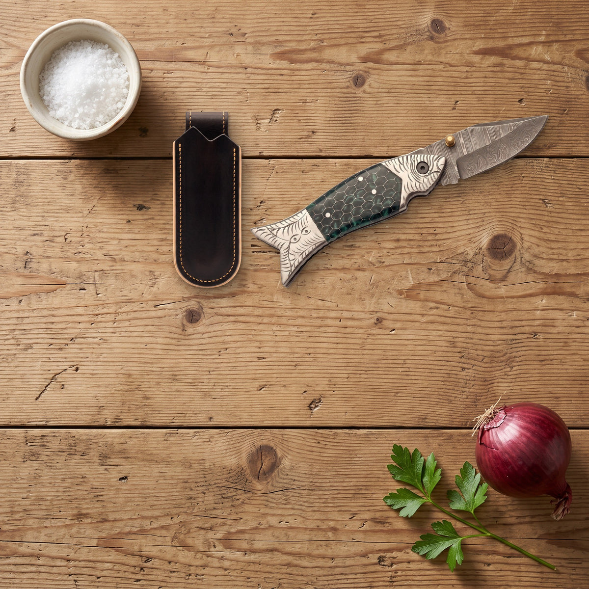 Creek 7.5" Damascus Pocket Knife | Green Resin, with the Crownridge belt slip in use