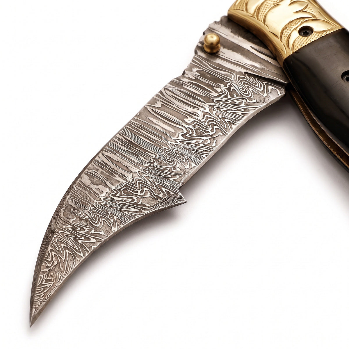 Creek 7.5" Damascus Pocket Knife | Horn, Damascus blade close-up