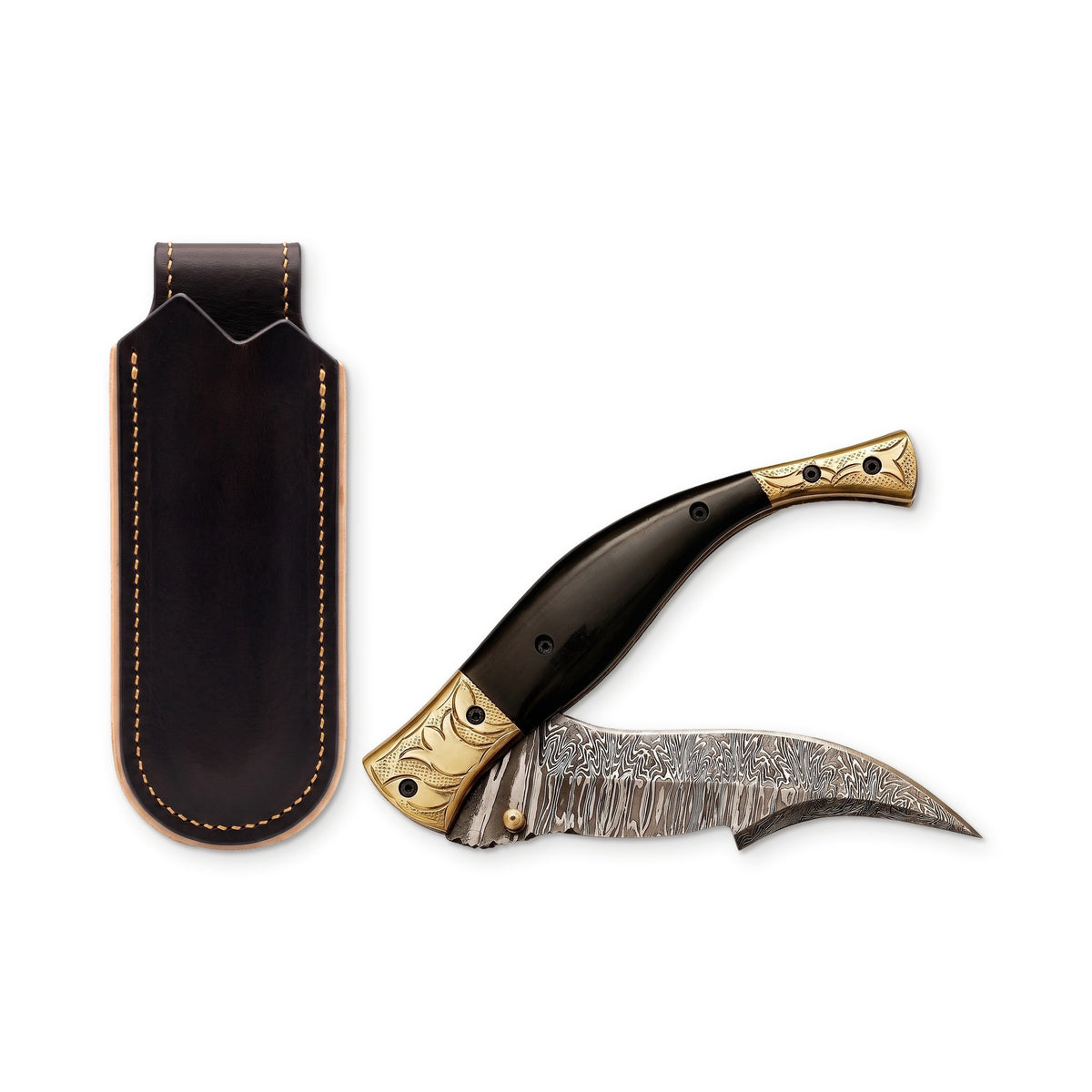 Creek 7.5" Damascus Pocket Knife | Horn, three-quarter view with the Crownridge belt slip