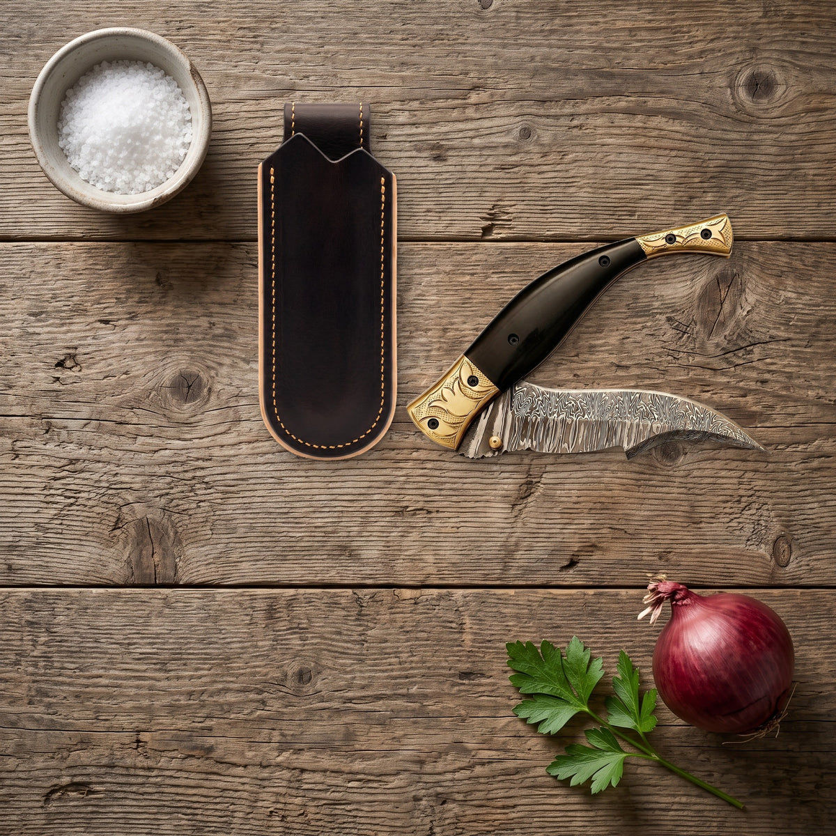Creek 7.5" Damascus Pocket Knife | Horn, with the Crownridge belt slip in use