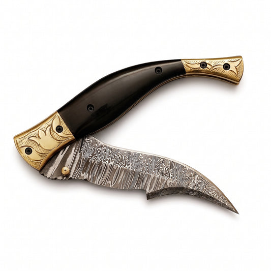 Creek 7.5" Damascus Pocket Knife | Horn, side profile on white